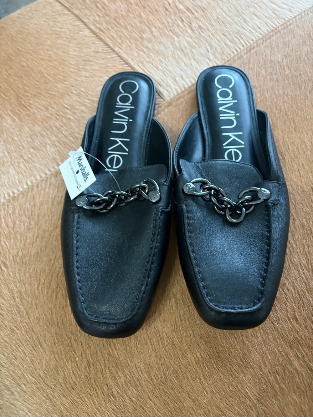 Calvin Klein Black Leather Chain-Trim Slip-On Mules